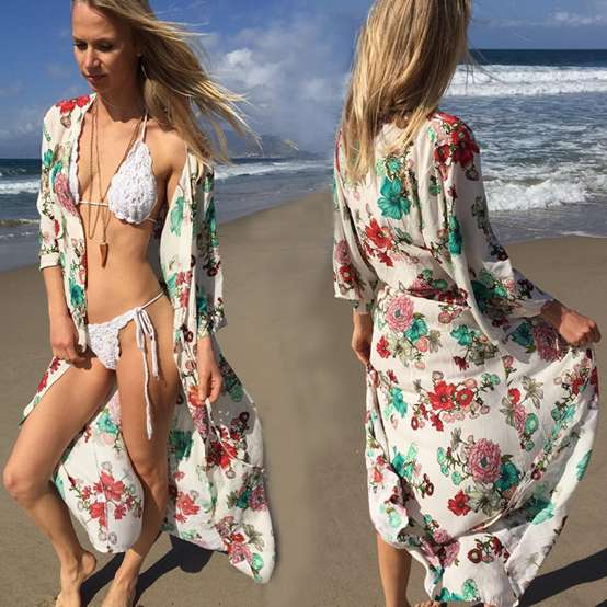 F4760 Woman Floral Dress Long Sleeves Summer Beach Dress Women Beachwear Dresses